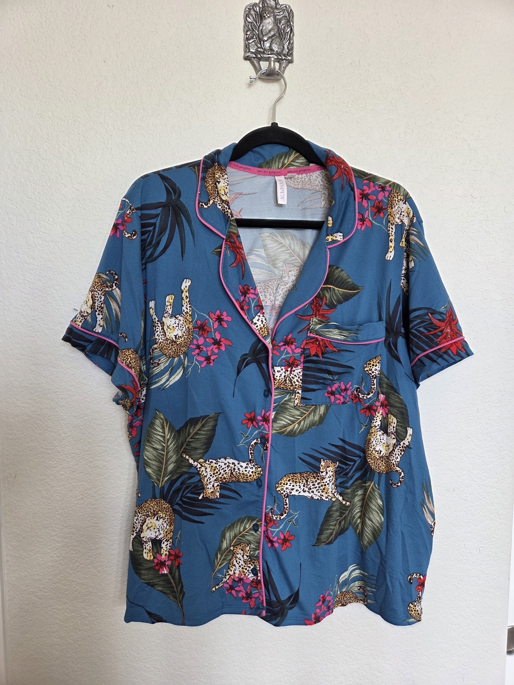 Blue Tropical Leopard Print Short-Sleeve Pajama Top